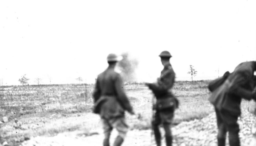 160_Shell bursting near Canadian Officers during the Canadian advance. Advance East of Arras. September, 1918